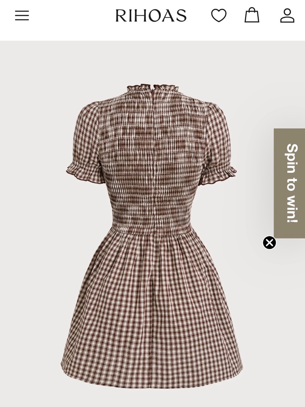 RIHOAS Brown Gingham Smocked Mini Dress with Puff Sleeves - Picture 2 of 7